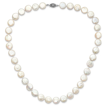 Sterling Silver Rhodium-Plated 10-11mm White Fwc Coin Pearl Necklace