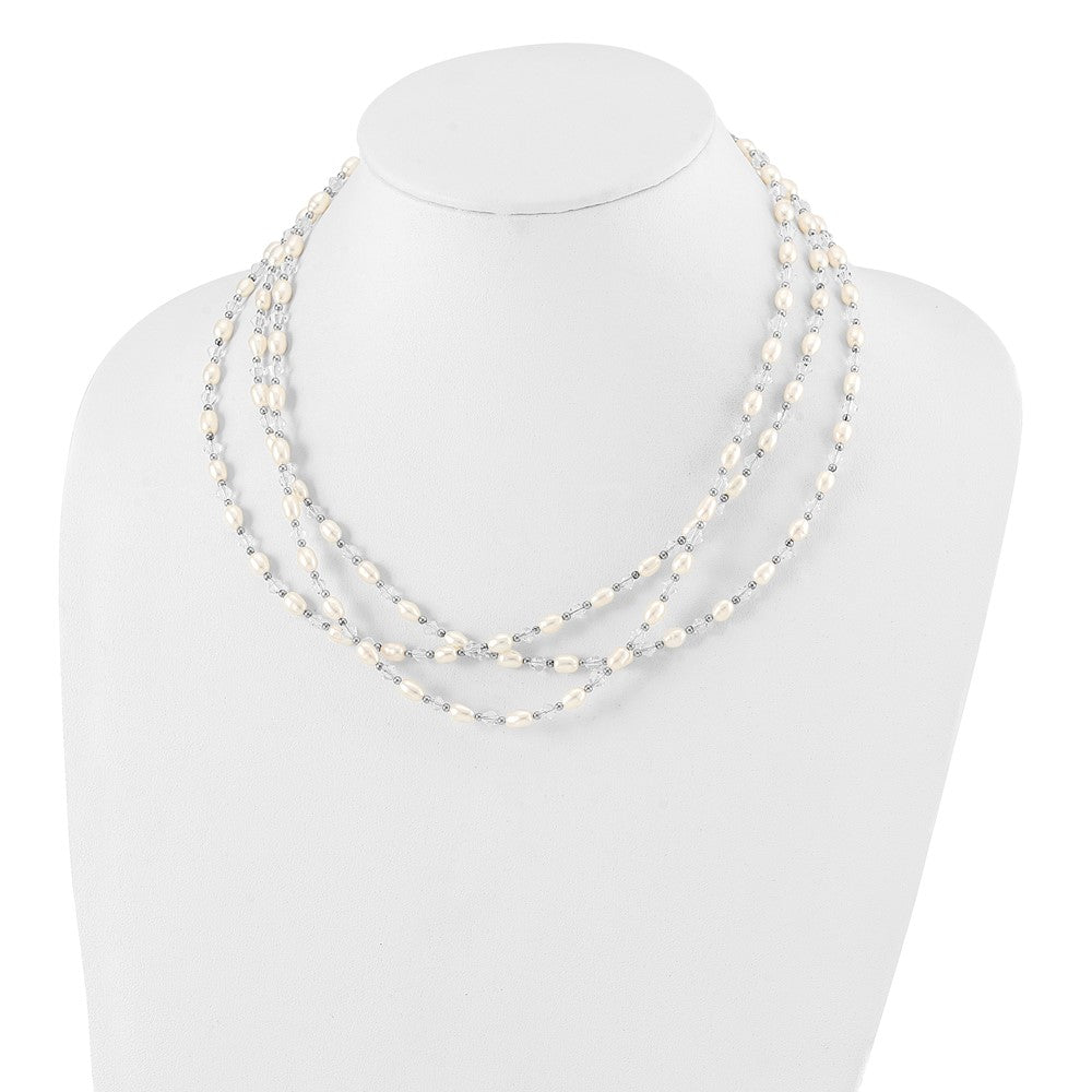 Sterling Silver 4-5mm Freshwater Cultured Pearl & Crystal Bead 3-Strand W/ 2In Ext Necklace