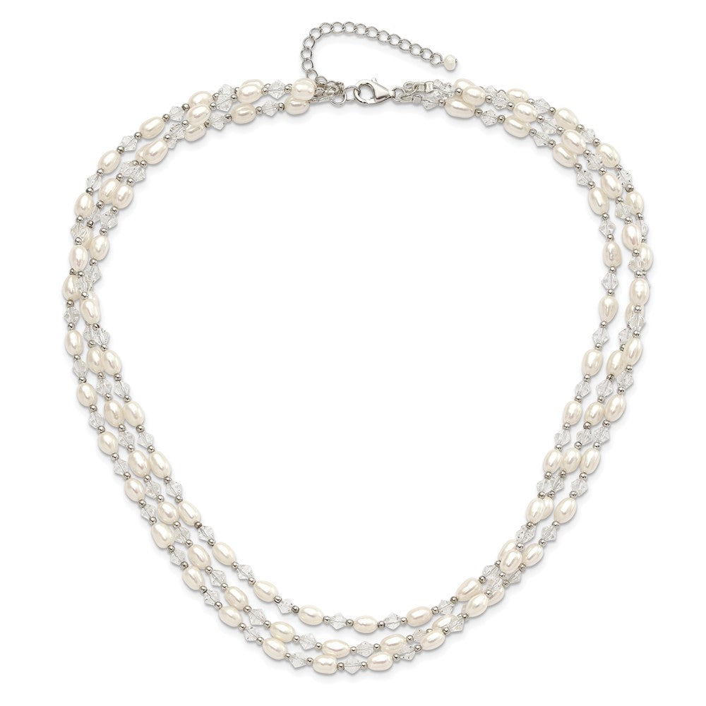 Sterling Silver 4-5mm Freshwater Cultured Pearl & Crystal Bead 3-Strand W/ 2In Ext Necklace