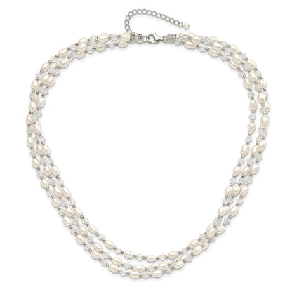 Sterling Silver 4-5mm Freshwater Cultured Pearl & Crystal Bead 3-Strand W/ 2In Ext Necklace