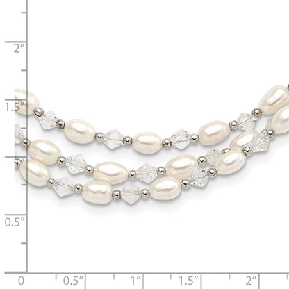 Sterling Silver 4-5mm Freshwater Cultured Pearl & Crystal Bead 3-Strand W/ 2In Ext Necklace