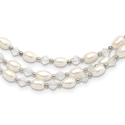 Sterling Silver 4-5mm Freshwater Cultured Pearl & Crystal Bead 3-Strand W/ 2In Ext Necklace