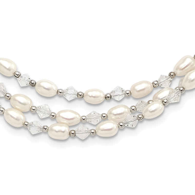 Sterling Silver 4-5mm Freshwater Cultured Pearl & Crystal Bead 3-Strand W/ 2In Ext Necklace