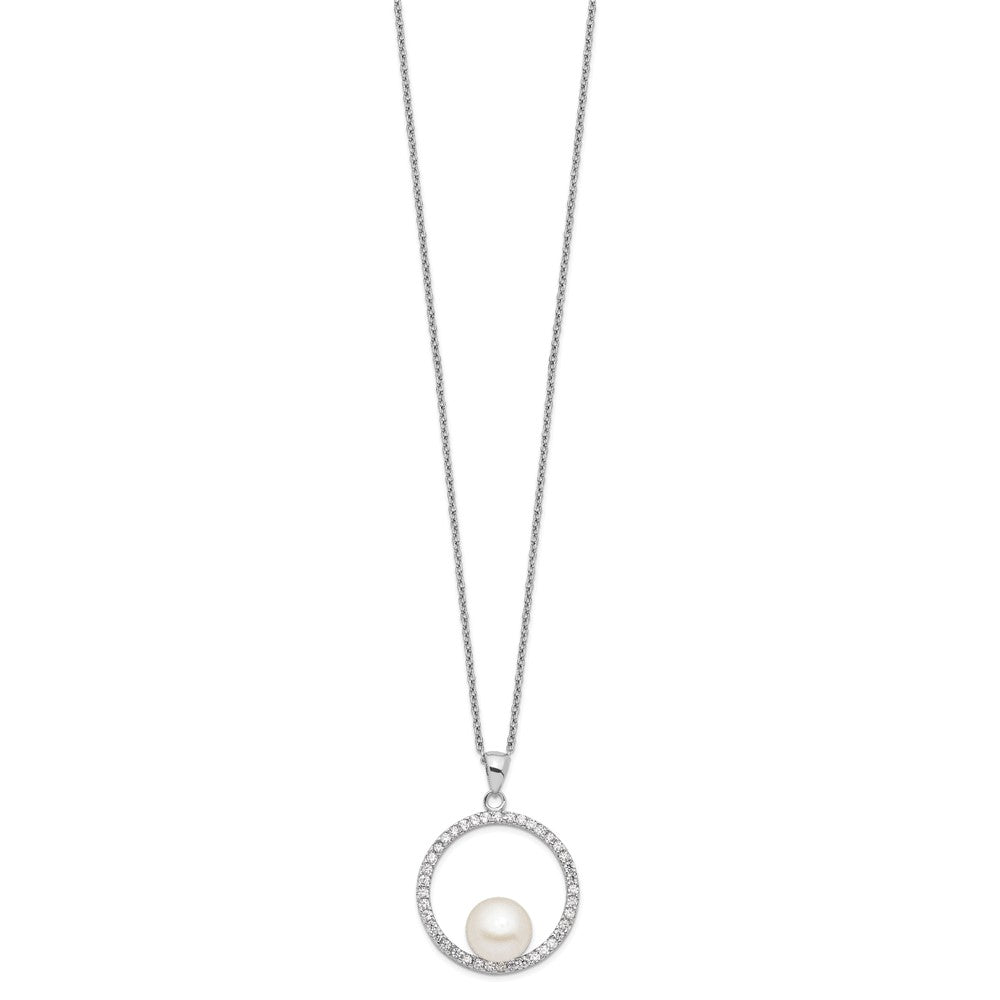 Sterling Silver Rhodium-Plated 8-9mm White Fwc Pearl And Cz Necklace