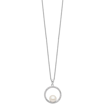Sterling Silver Rhodium-Plated 8-9mm White Fwc Pearl And Cz Necklace