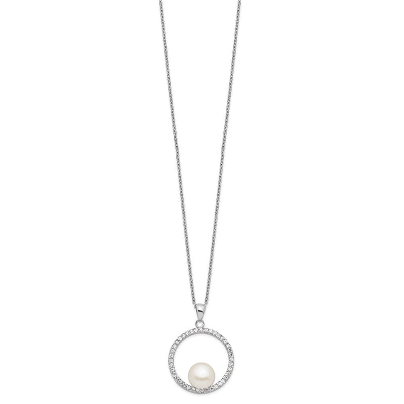 Sterling Silver Rhodium-Plated 8-9mm White Fwc Pearl And Cz Necklace