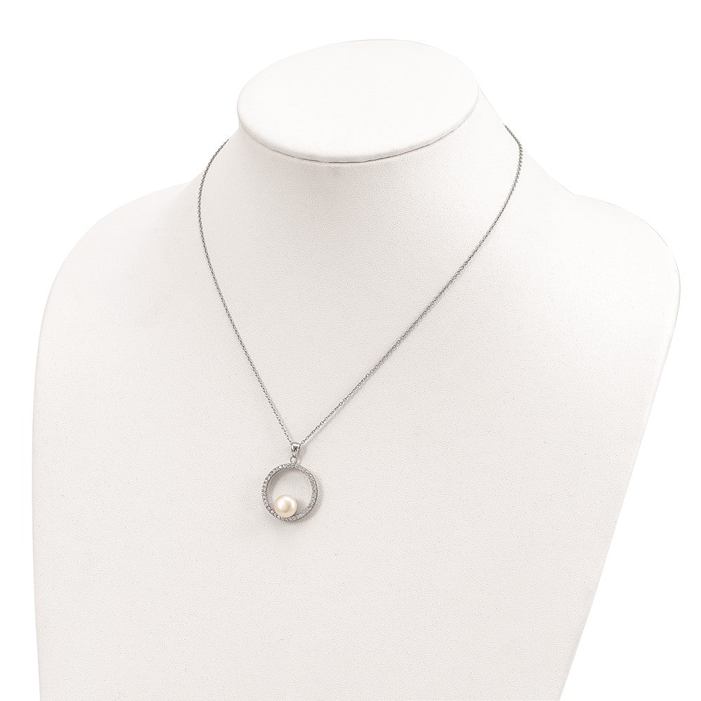 Sterling Silver Rhodium-Plated 8-9mm White Fwc Pearl And Cz Necklace