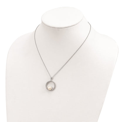 Sterling Silver Rhodium-Plated 8-9mm White Fwc Pearl And Cz Necklace