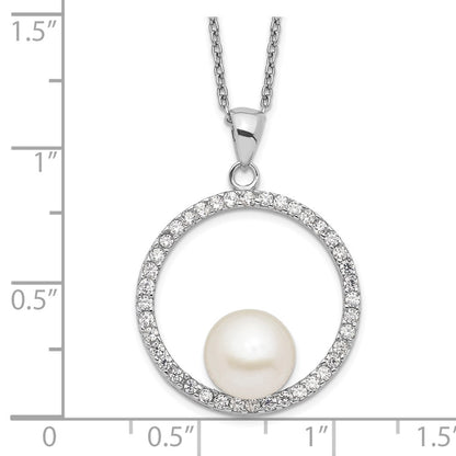 Sterling Silver Rhodium-Plated 8-9mm White Fwc Pearl And Cz Necklace