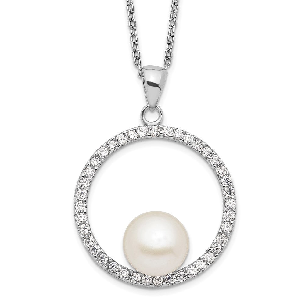Sterling Silver Rhodium-Plated 8-9mm White Fwc Pearl And Cz Necklace