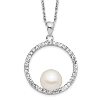 Sterling Silver Rhodium-Plated 8-9mm White Fwc Pearl And Cz Necklace