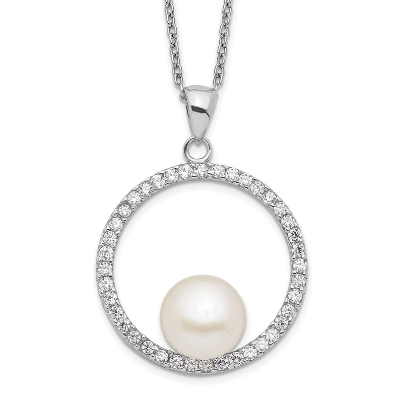 Sterling Silver Rhodium-Plated 8-9mm White Fwc Pearl And Cz Necklace