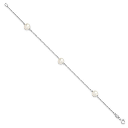 7.5 Inch Sterling Silver Rh-Plated 3-Stat 7-8mm White Semi-Round Fwc Pearl Bracelet