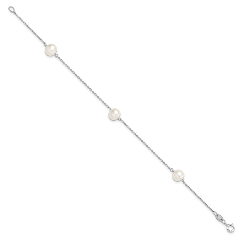 7.5 Inch Sterling Silver Rh-Plated 3-Stat 7-8mm White Semi-Round Fwc Pearl Bracelet