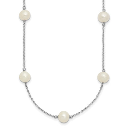 Sterling Silver Rh-Plated 7-8mm Fw Cultured 9 Station Pearl Necklace