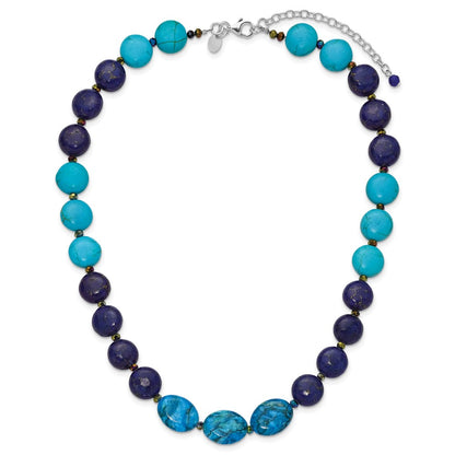 Sterling Silver Agate,Crystal,Jasper, Recon. Lapis W/2 In Ext Necklace