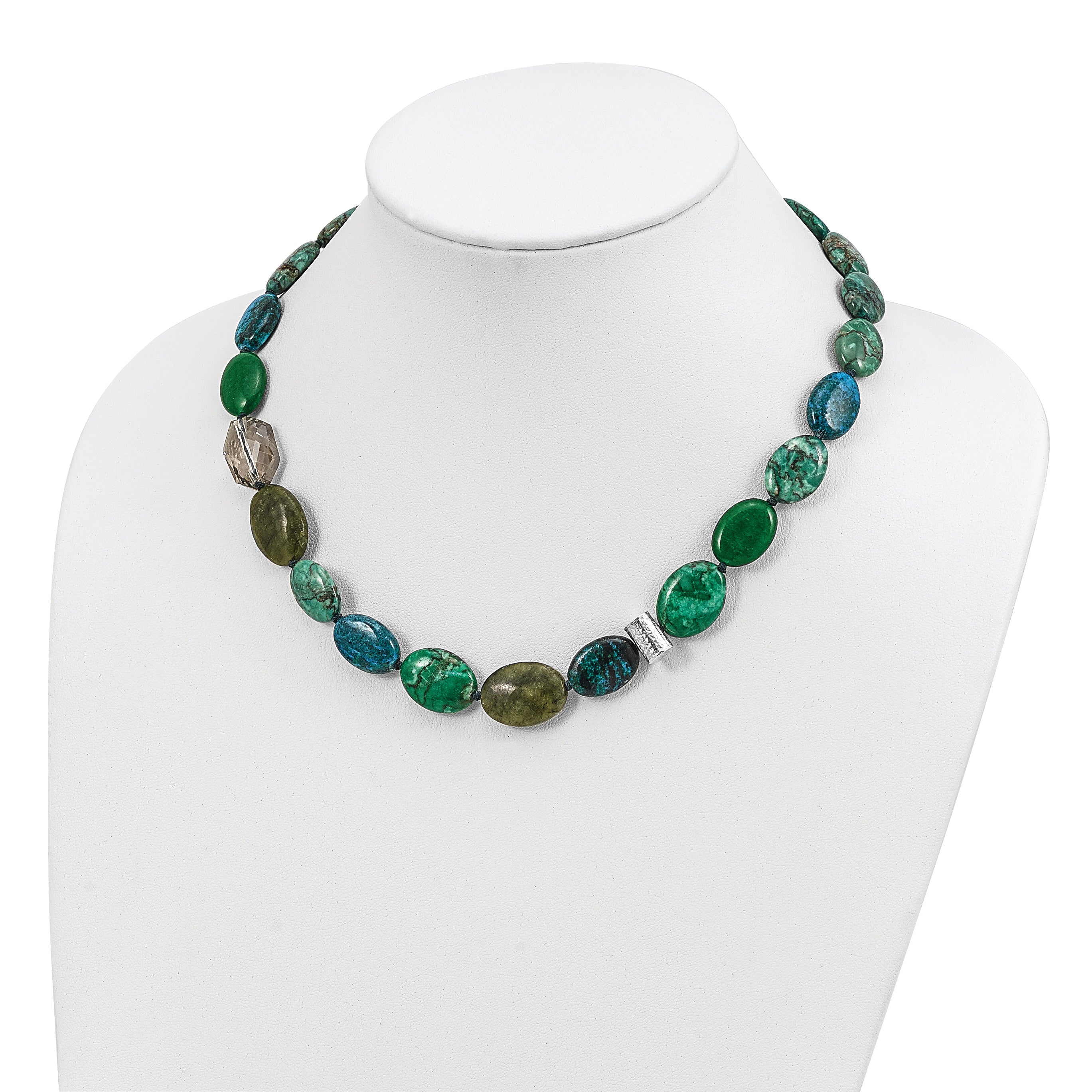 Sterling Silver Jade, Crystal, Jasper And Serpentine W/2In Ext Necklace