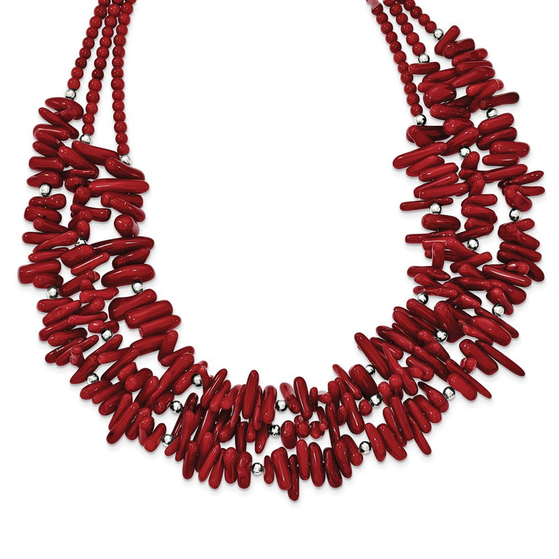 Sterling Silver Three Strand Red Coral 16.50 Inch Necklace With 2 Extension
