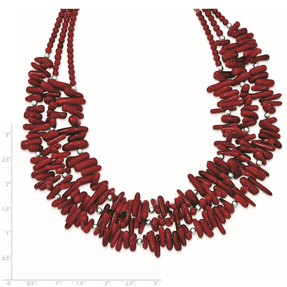 Sterling Silver Three Strand Red Coral 16.50 Inch Necklace With 2 Extension