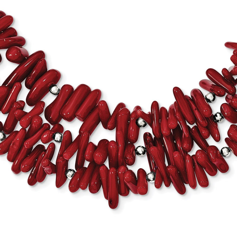 Sterling Silver Three Strand Red Coral 16.50 Inch Necklace With 2 Extension