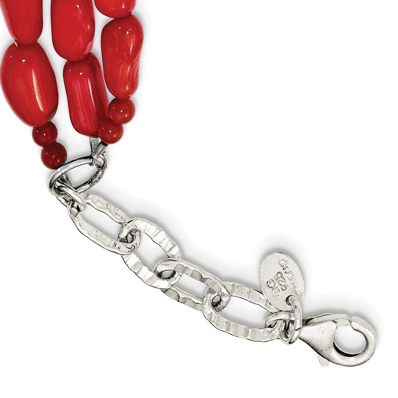 Sterling Silver Triple Strand Red Coral 16 Inch Necklace With 2 Extension