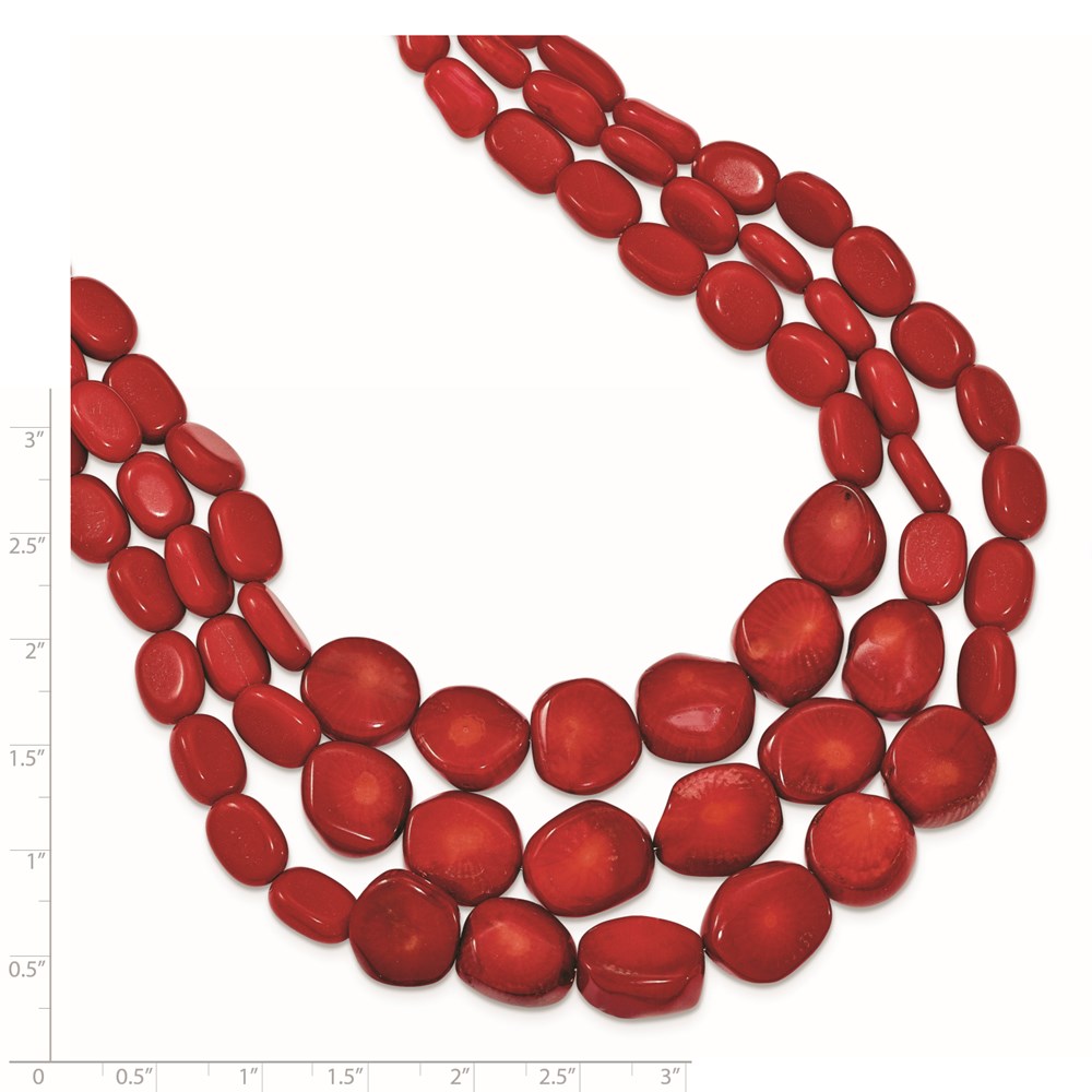 Sterling Silver Triple Strand Red Coral 16 Inch Necklace With 2 Extension