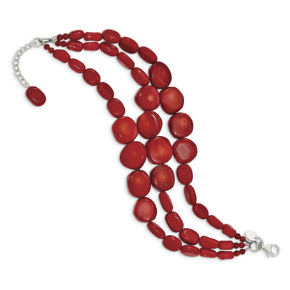 Sterling Silver Triple Strand Red Coral 7 Inch Bracelet With 1 Extension