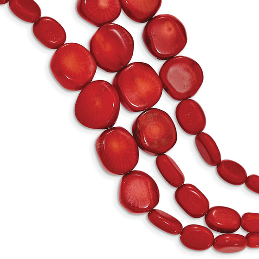Sterling Silver Triple Strand Red Coral 7 Inch Bracelet With 1 Extension
