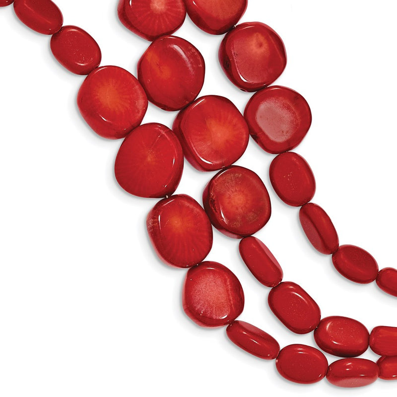 Sterling Silver Triple Strand Red Coral 7 Inch Bracelet With 1 Extension