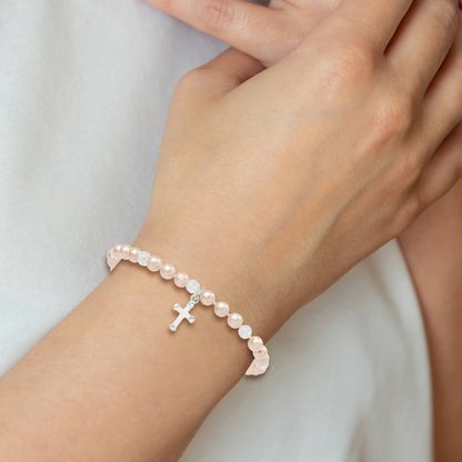 Sterling Silver Pink Shell Bead & Crystal Cross Children'S Stretch Bracelet
