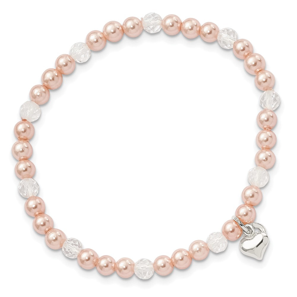 Sterling Silver Pink Shell Bead, Crystal & Heart Children'S Stretch Bracele