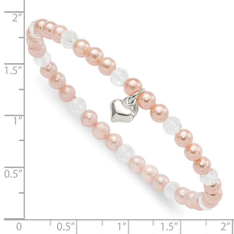 Sterling Silver Pink Shell Bead, Crystal & Heart Children'S Stretch Bracele