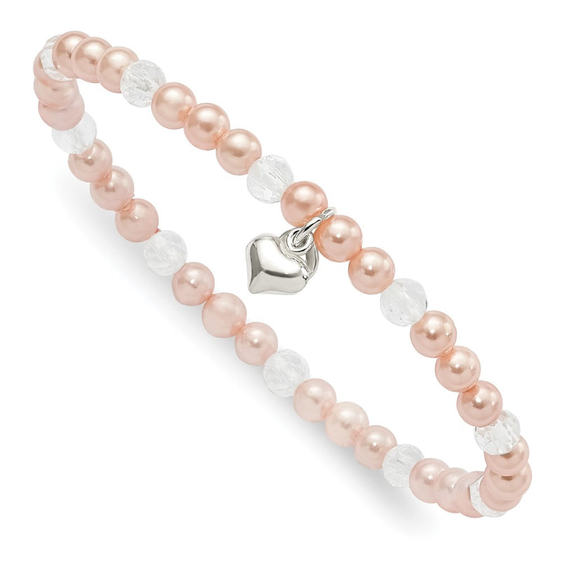 Sterling Silver Pink Shell Bead, Crystal & Heart Children'S Stretch Bracele