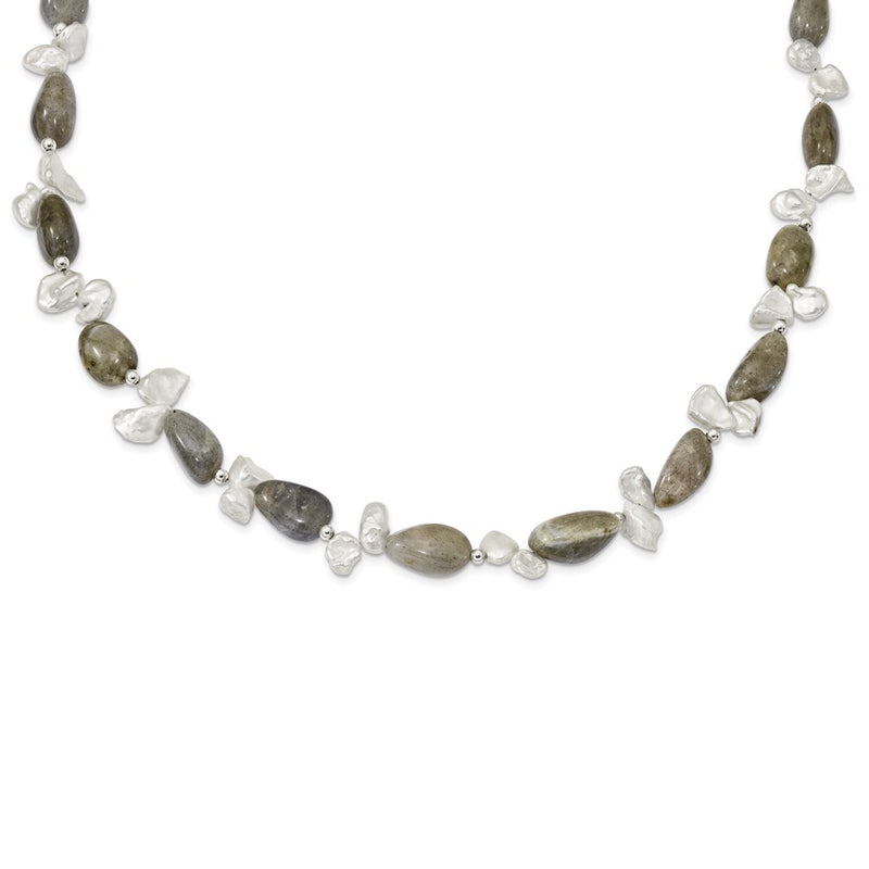 Sterling Silver Labradorite & Fwc Keshi Pearl W/2In Ext. Fancy Necklace