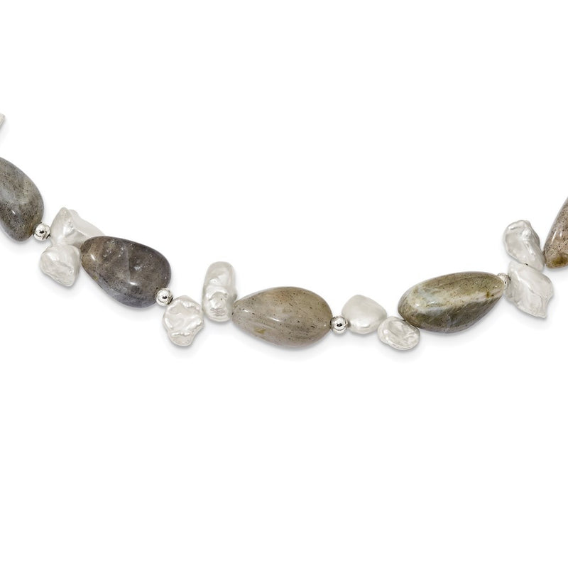 Sterling Silver Labradorite & Fwc Keshi Pearl W/2In Ext. Fancy Necklace