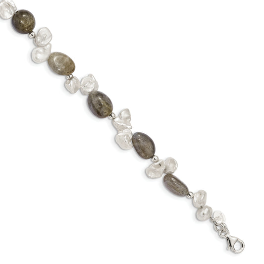 7 Inch Sterling Silver Labradorite & Fwc Keshi Pearl W/1In Ext. Fancy Bracelet