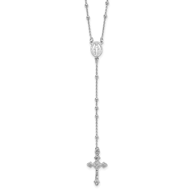 Sterling Silver Rhodium-Plated Polished Beaded Rosary 24 Inch Necklace