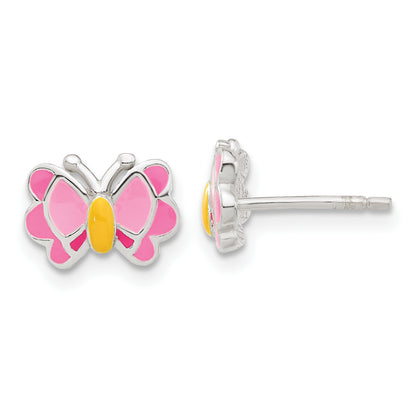 Sterling Silver Polished & Pink/Orange Enameled Butterfly Children'S Earrings 14In Necklace Set