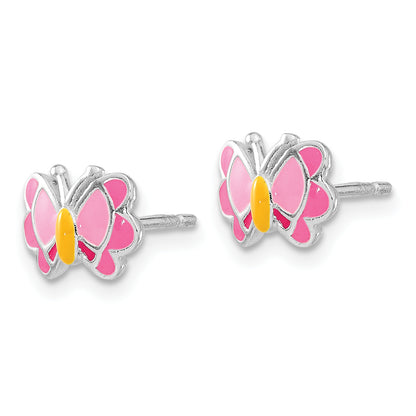 Sterling Silver Polished & Pink/Orange Enameled Butterfly Children'S Earrings 14In Necklace Set