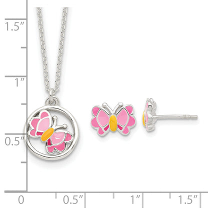 Sterling Silver Polished & Pink/Orange Enameled Butterfly Children'S Earrings 14In Necklace Set