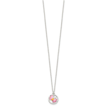 Sterling Silver Polished & Pink/Orange Enameled Butterfly Children'S Earrings 14In Necklace Set