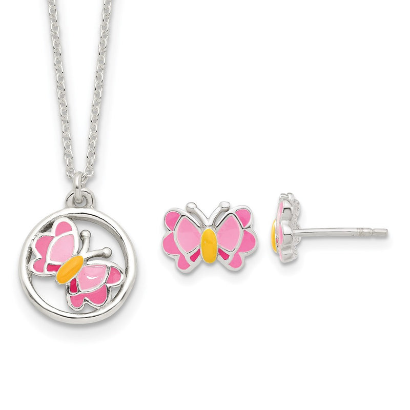 Sterling Silver Polished & Pink/Orange Enameled Butterfly Children'S Earrings 14In Necklace Set