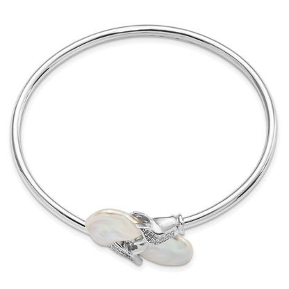 Sterling Silver Ss Rhodium-Plated 16-17mm White Keshi Fwc Pearl Cz Flexible Bangle