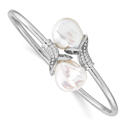 Sterling Silver Ss Rhodium-Plated 16-17mm White Keshi Fwc Pearl Cz Flexible Bangle