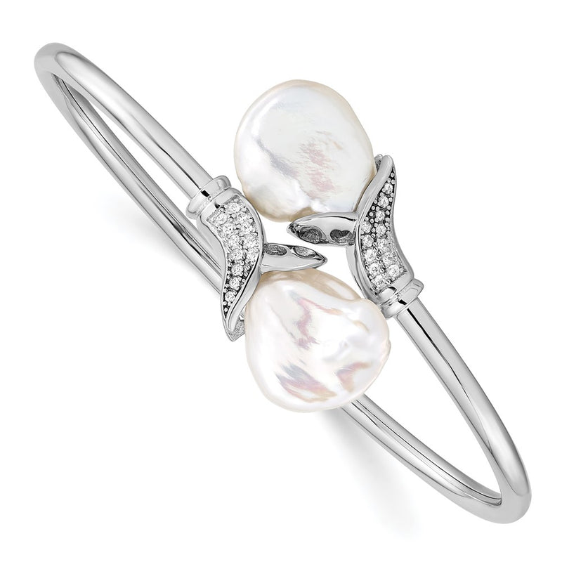 Sterling Silver Ss Rhodium-Plated 16-17mm White Keshi Fwc Pearl Cz Flexible Bangle