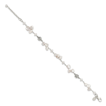 7.5 Inch Sterling Silver Fwc Keshi Pearl W/Moonstone 1In Ext. Fancy Bracelet