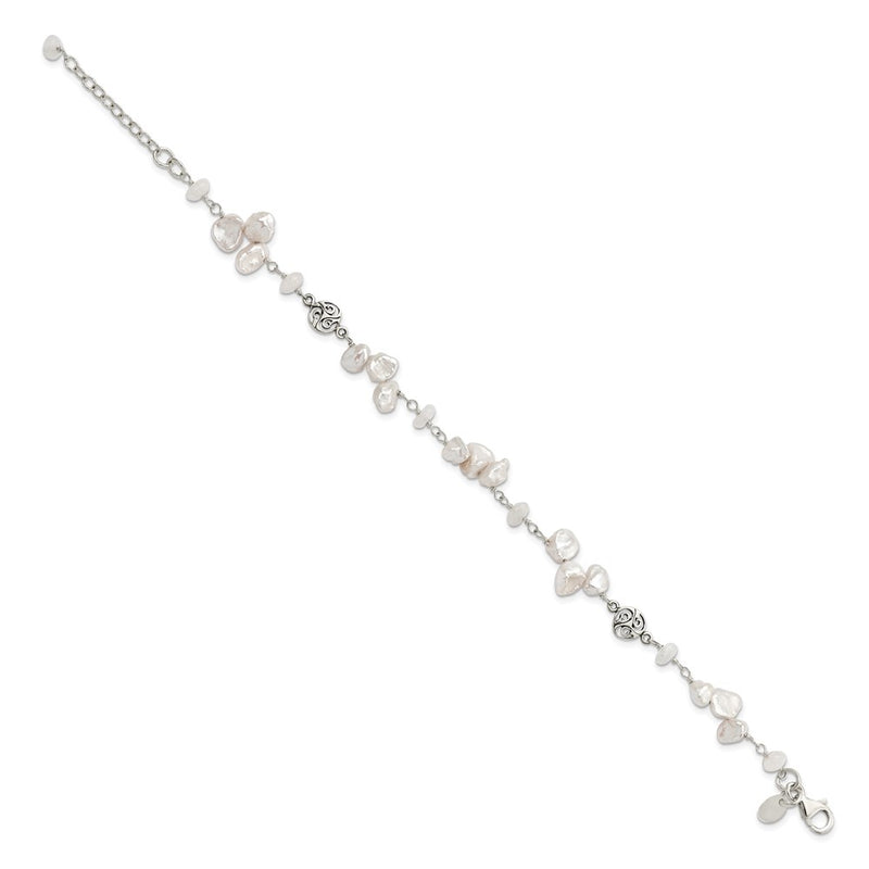 7.5 Inch Sterling Silver Fwc Keshi Pearl W/Moonstone 1In Ext. Fancy Bracelet