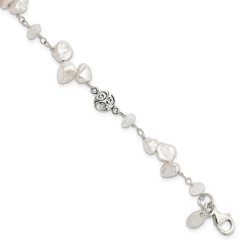 7.5 Inch Sterling Silver Fwc Keshi Pearl W/Moonstone 1In Ext. Fancy Bracelet