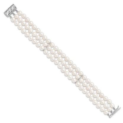 7 Inch Sterling Silver Rhodium-Plt 6-7mm White Fwc Pearl 3 Strand Bracelet