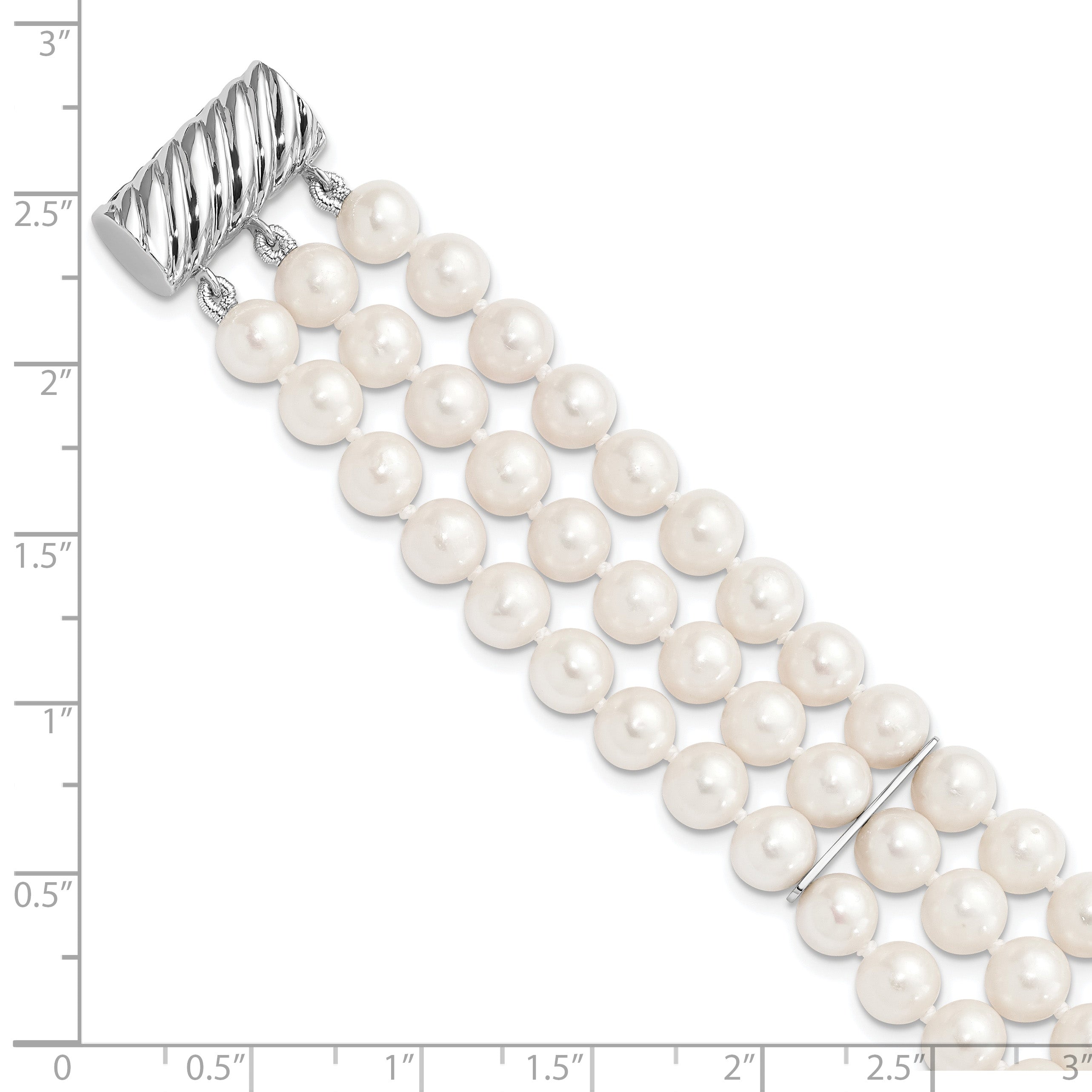7 Inch Sterling Silver Rhodium-Plt 6-7mm White Fwc Pearl 3 Strand Bracelet